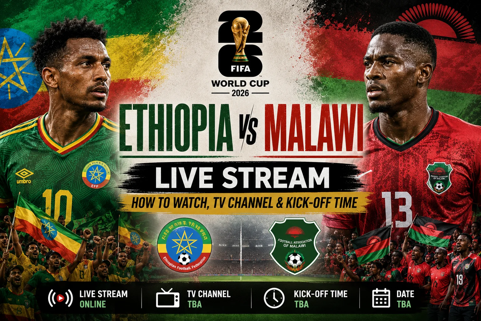 Ethiopia vs Malawi Live Stream, How to Watch, TV Channel & Kick-off Time graphic featuring both teams, broadcast details, and match information.