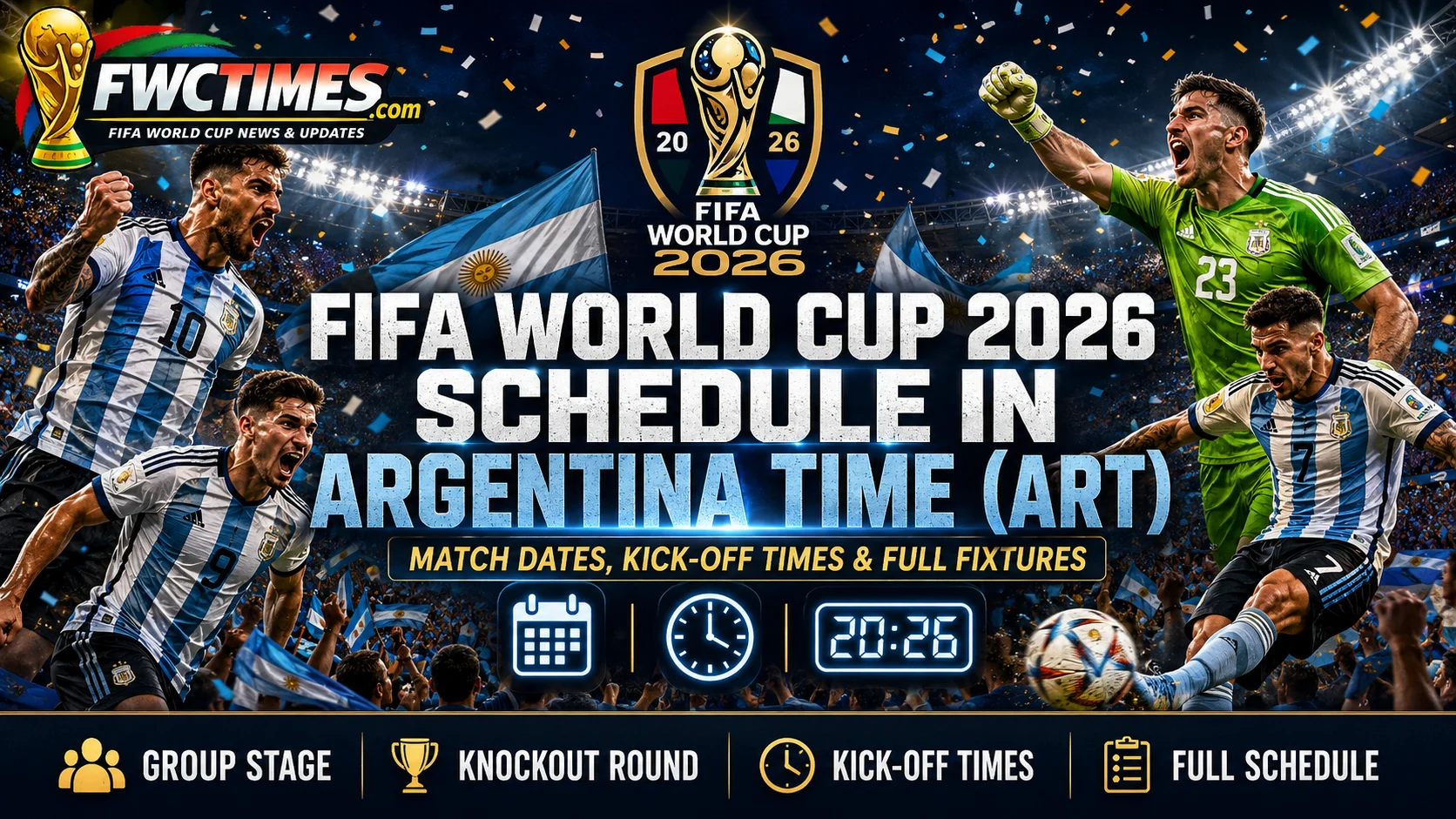 FIFA World Cup 2026 schedule in Argentina Time ART with match dates, kickoff times, group stage, knockout round, and full fixtures.