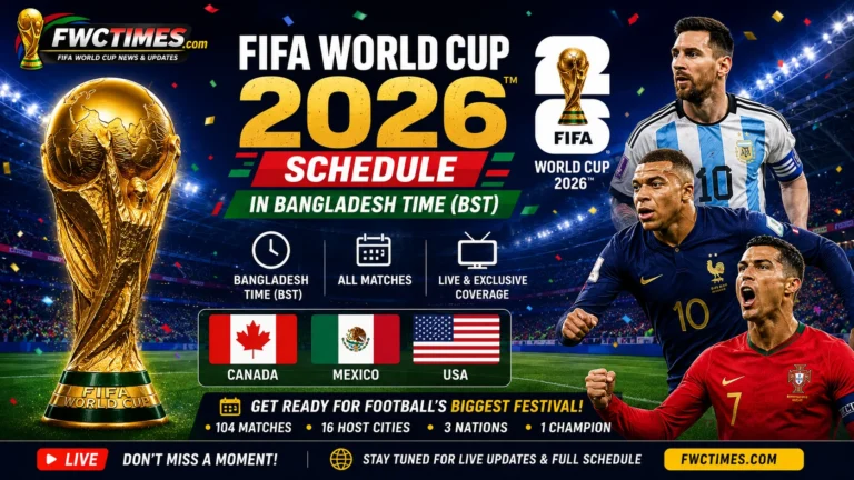 FIFA World Cup 2026 Schedule in Bangladesh Time (BST) graphic featuring match dates, kickoff times, fixtures, and complete tournament schedule in BST.