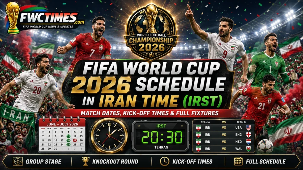 FIFA World Cup 2026 schedule in Iran Time IRST with match dates, kickoff times, group stage, knockout round, and full fixtures.