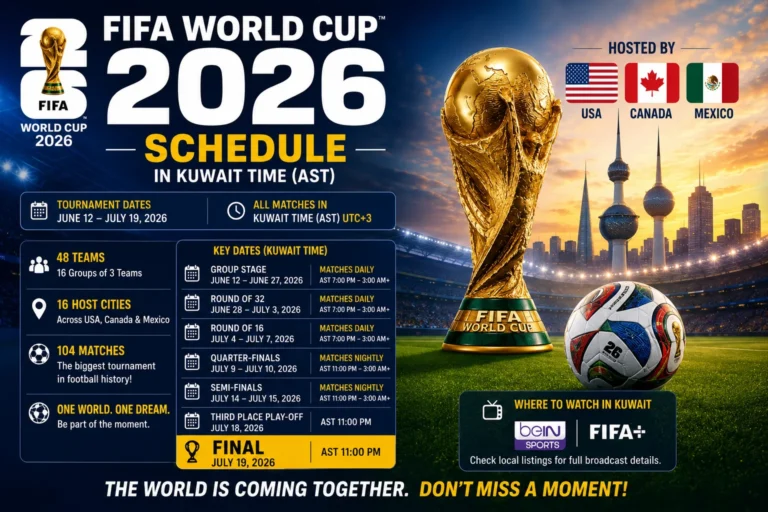 FIFA World Cup 2026 Schedule in Kuwait Time (AST) graphic featuring match dates, kickoff times, fixtures, and complete tournament schedule in AST.