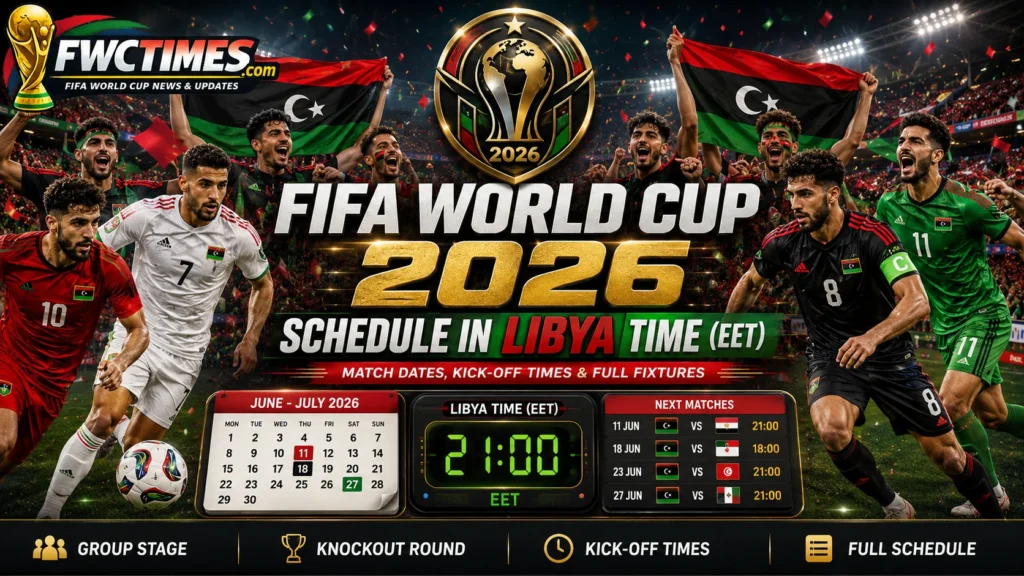 FIFA World Cup 2026 schedule in Libya Time EET with match dates, kickoff times, group stage, knockout round, and full fixtures.