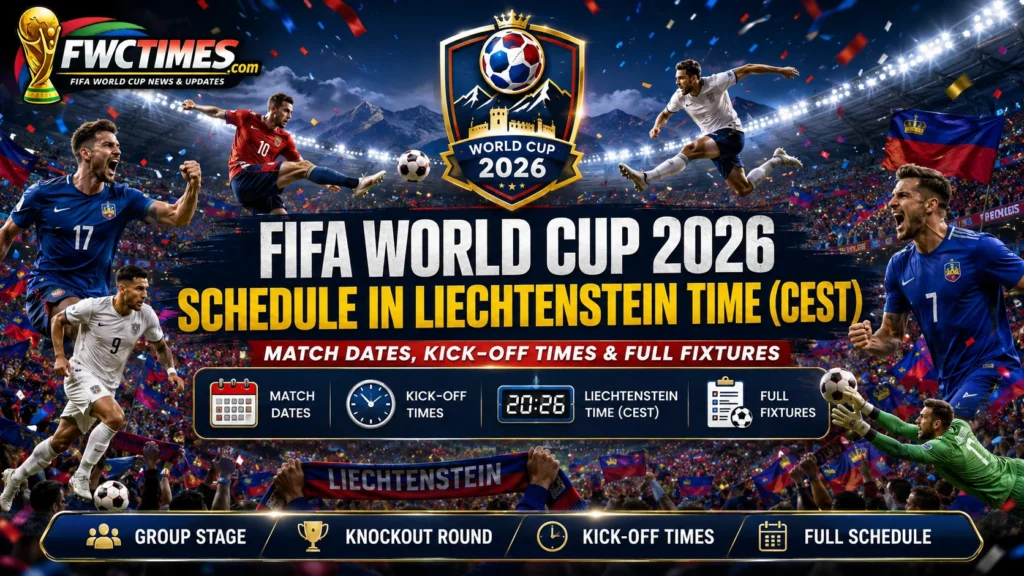 FIFA World Cup 2026 schedule in Liechtenstein Time CEST with match dates, kickoff times, group stage, knockout round, and full fixtures.