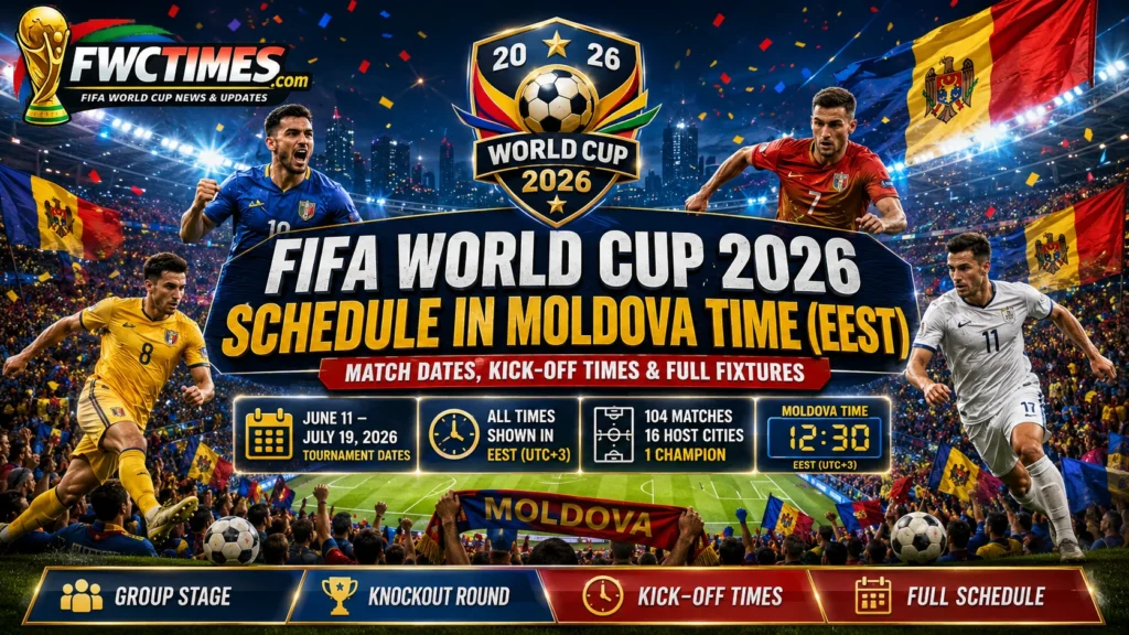 FIFA World Cup 2026 schedule in Moldova Time EEST with match dates, kickoff times, group stage, knockout round, and full fixtures.