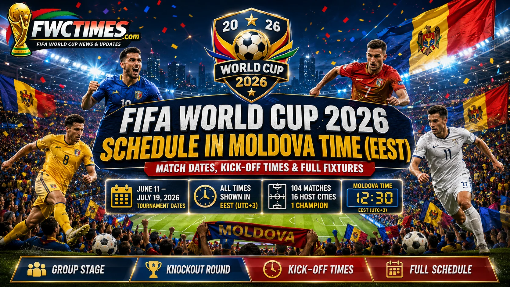 FIFA World Cup 2026 schedule in Moldova Time EEST with match dates, kickoff times, group stage, knockout round, and full fixtures.