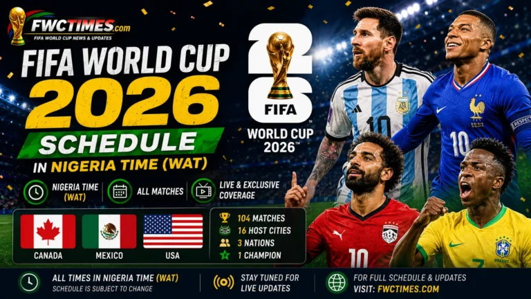 FIFA World Cup 2026 Schedule in Nigeria Time (WAT) graphic featuring match dates, kickoff times, fixtures, and complete tournament schedule in WAT.