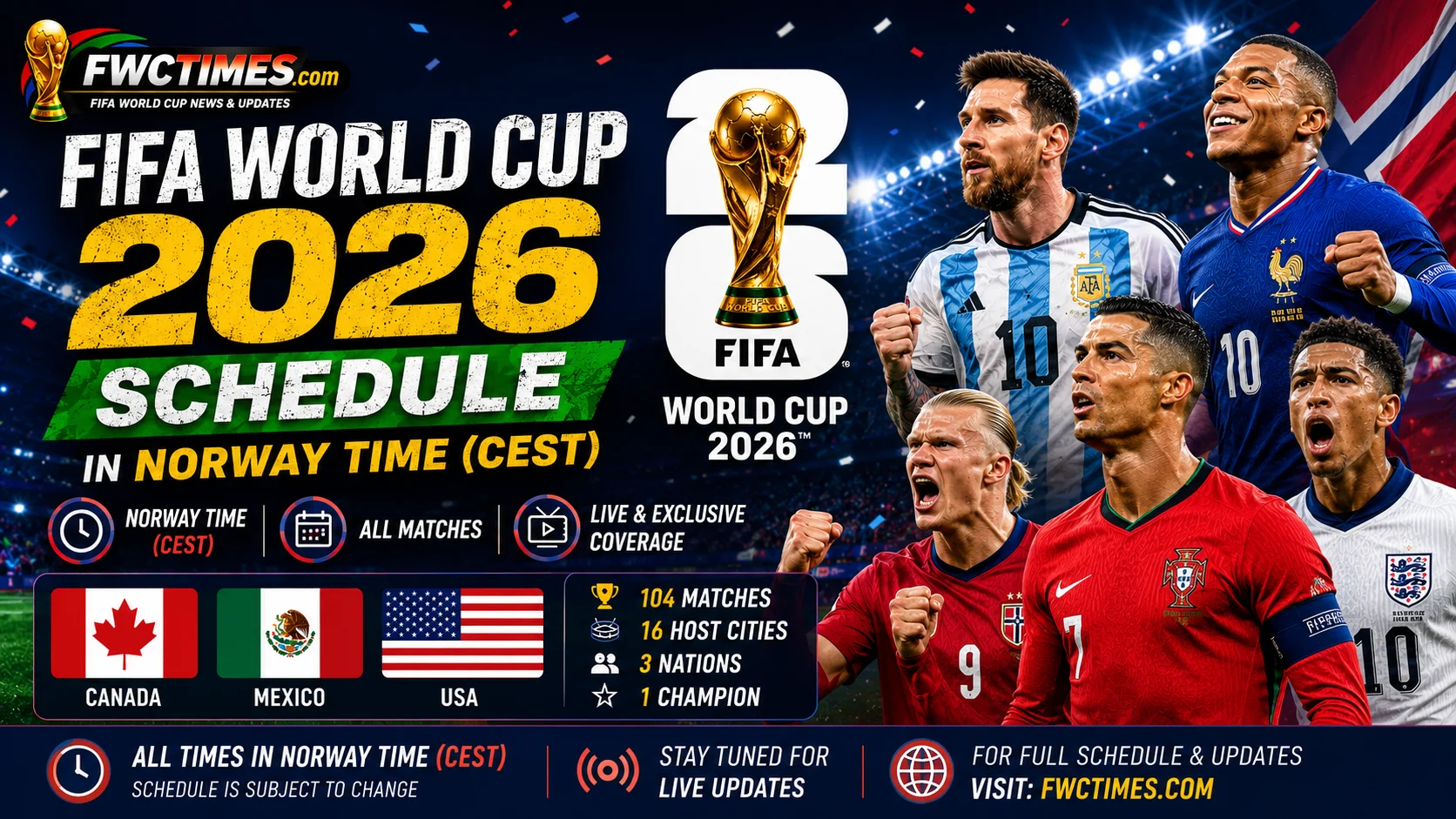 FIFA World Cup 2026 schedule in Norway time CEST with fixtures, dates, and kick-off times—click to plan every match.