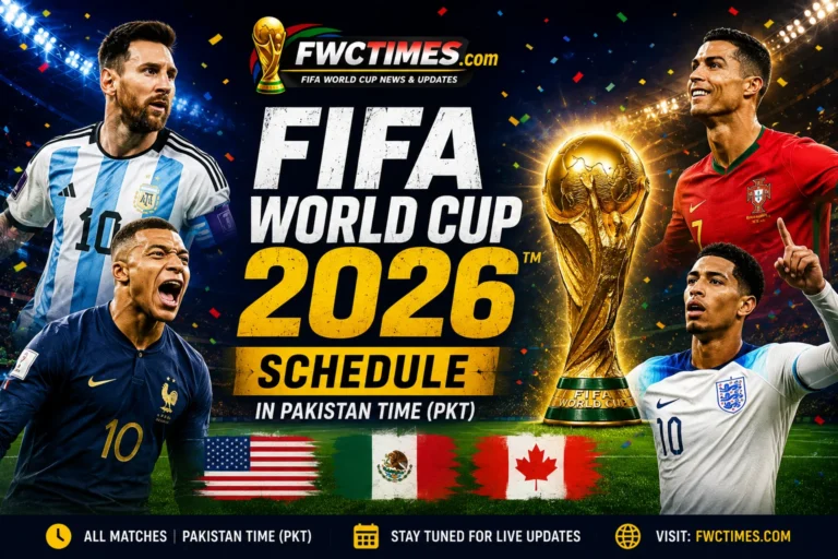FIFA World Cup 2026 Schedule in Pakistan Time (PKT) graphic featuring match dates, kickoff times, fixtures, and complete tournament schedule in PKT.