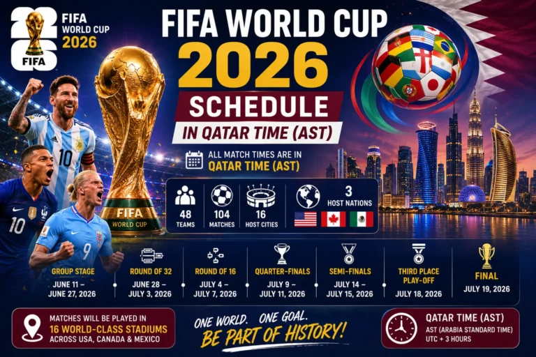 FIFA World Cup 2026 Schedule in Qatar Time (AST) graphic featuring match dates, kickoff times, fixtures, and complete tournament schedule in AST.