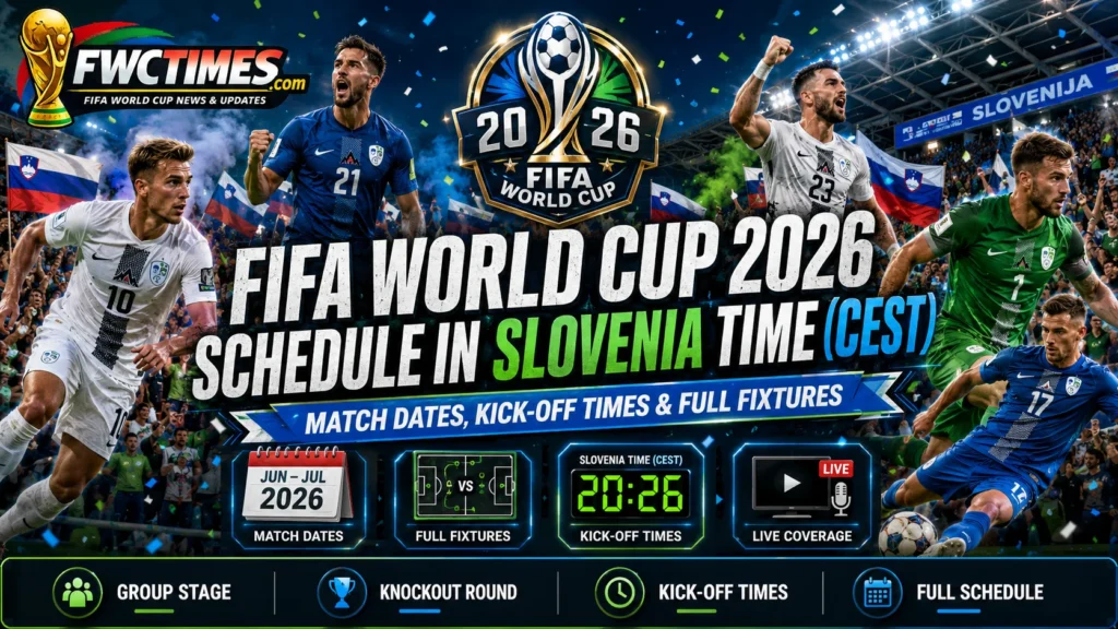 FIFA World Cup 2026 schedule in Slovenia Time CEST with match dates, kickoff times, group stage, knockout round, and full fixtures.