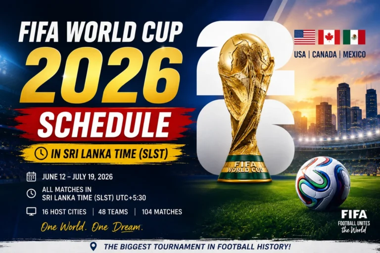 FIFA World Cup 2026 Schedule in Sri Lanka Time (SLST) graphic featuring match dates, kickoff times, fixtures, and complete tournament schedule in SLST.