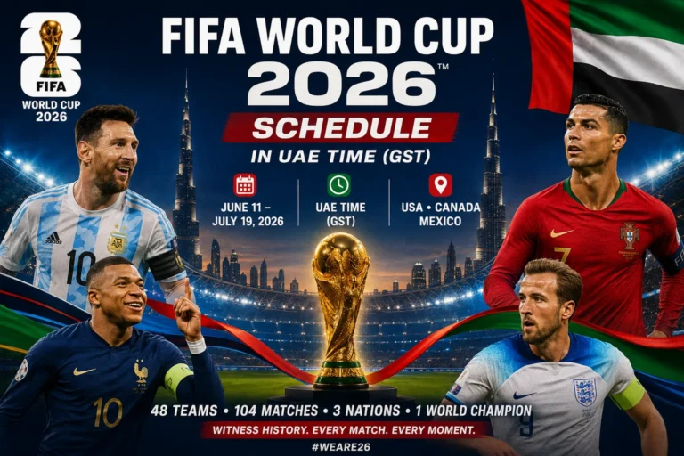 **Alt Text (≤155 characters):** FIFA World Cup 2026 Schedule in UAE Time (GST) graphic featuring match dates, kickoff times, fixtures, and complete tournament schedule in GST.