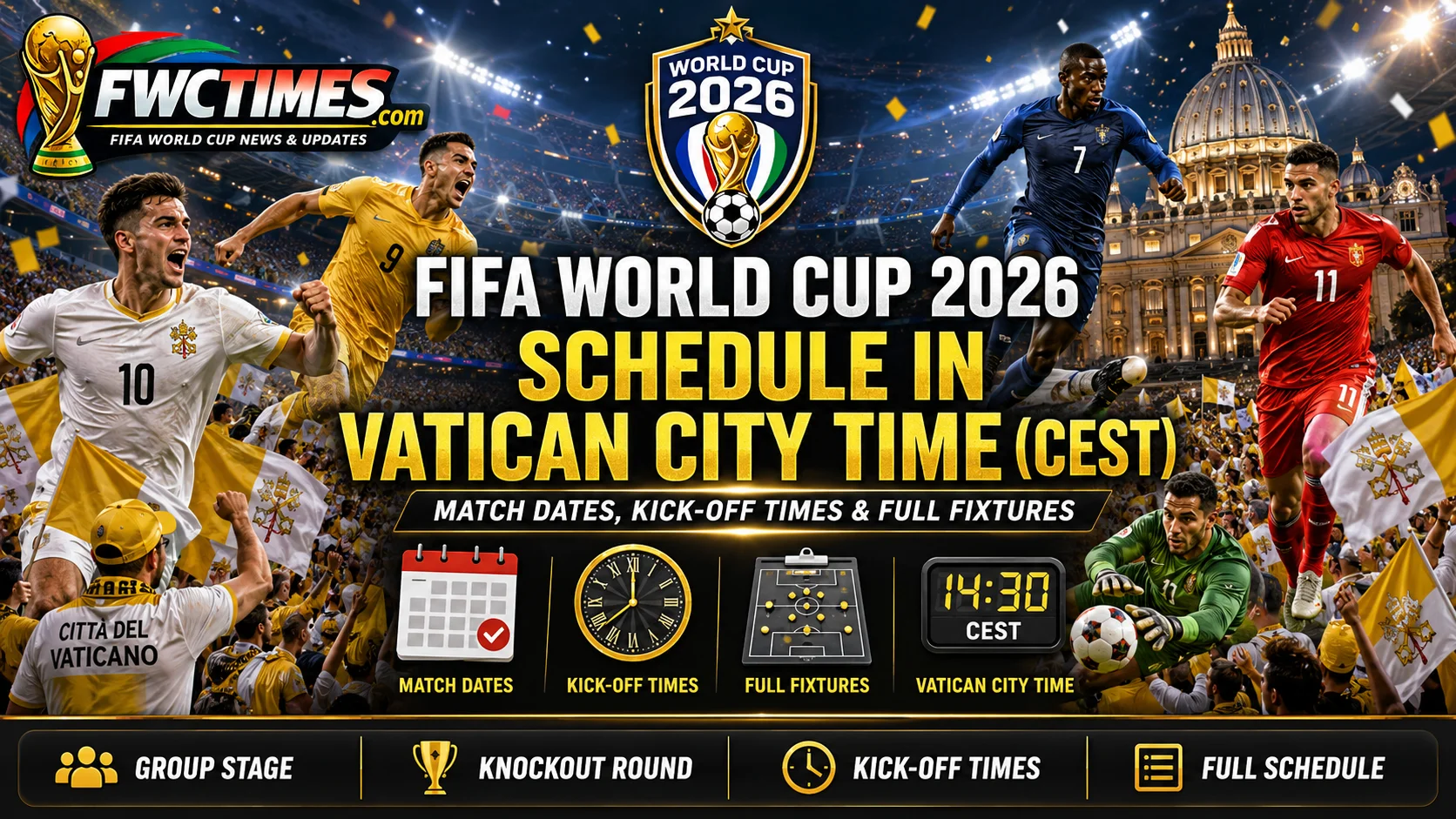FIFA World Cup 2026 schedule in Vatican City Time CEST with match dates, kickoff times, group stage, knockout round, and full fixtures.