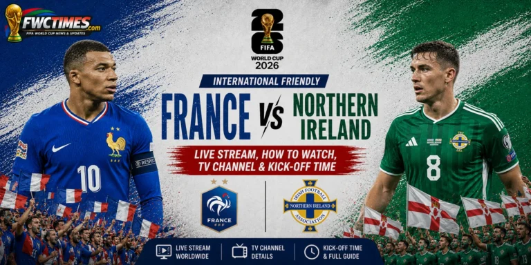 France vs Northern Ireland Live Stream, How to Watch, TV Channel & Kick-off Time graphic featuring both teams, streaming details, TV coverage, and match schedule.
