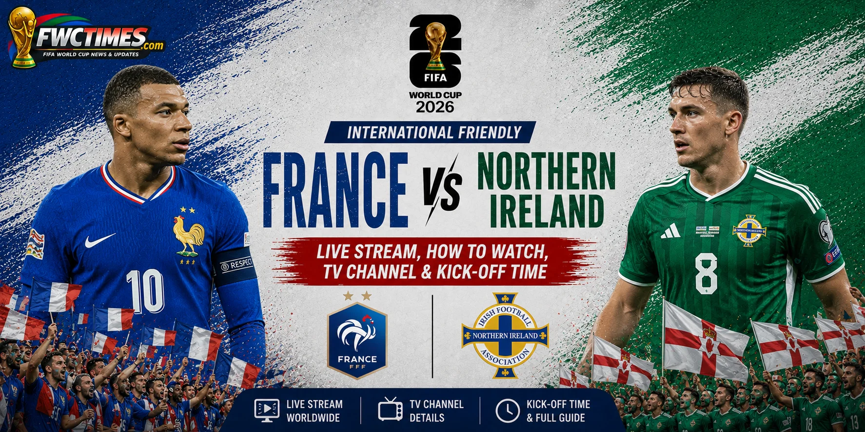 France vs Northern Ireland Live Stream, How to Watch, TV Channel & Kick-off Time graphic featuring both teams, streaming details, TV coverage, and match schedule.