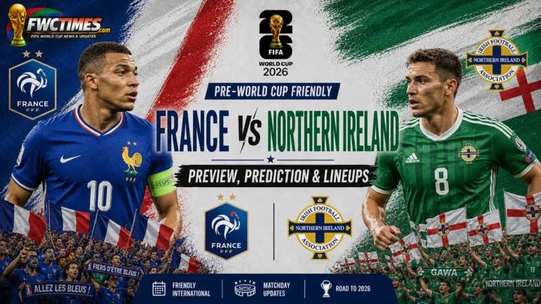 France vs Northern Ireland Preview, Prediction & Lineups Pre-World Cup Friendly graphic featuring both teams, key players, predicted lineups, and match analysis.