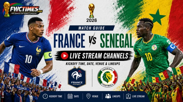 France vs Senegal match guide with kickoff time, date, venue, lineups, and live stream channels for World Cup fans.