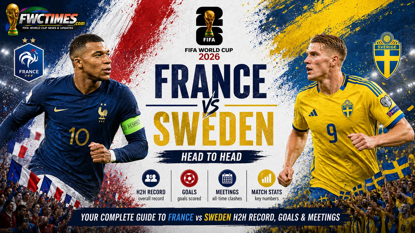 France vs Sweden H2H graphic showing head-to-head record, goals and past meetings—click to explore the full match history.
