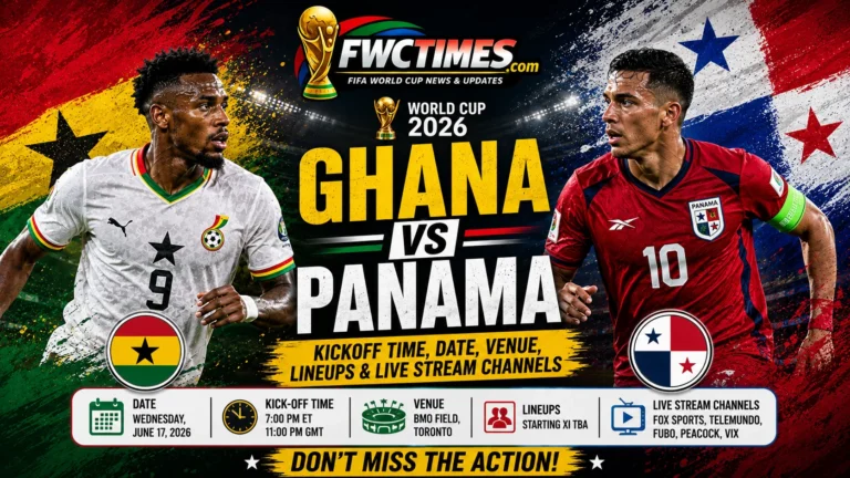 Ghana vs Panama match guide with kickoff time, date, venue, lineups, and live stream channels for World Cup fans.