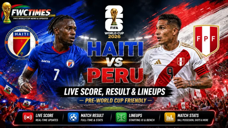 Haiti vs Peru Live Score, Result & Lineups Pre-World Cup Friendly graphic featuring both teams, match updates, final result, and starting XIs.
