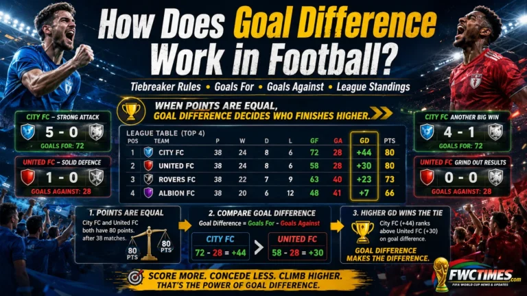 Understand how goal difference works in football, including tiebreaker rules, goals for, goals against, and league standings.