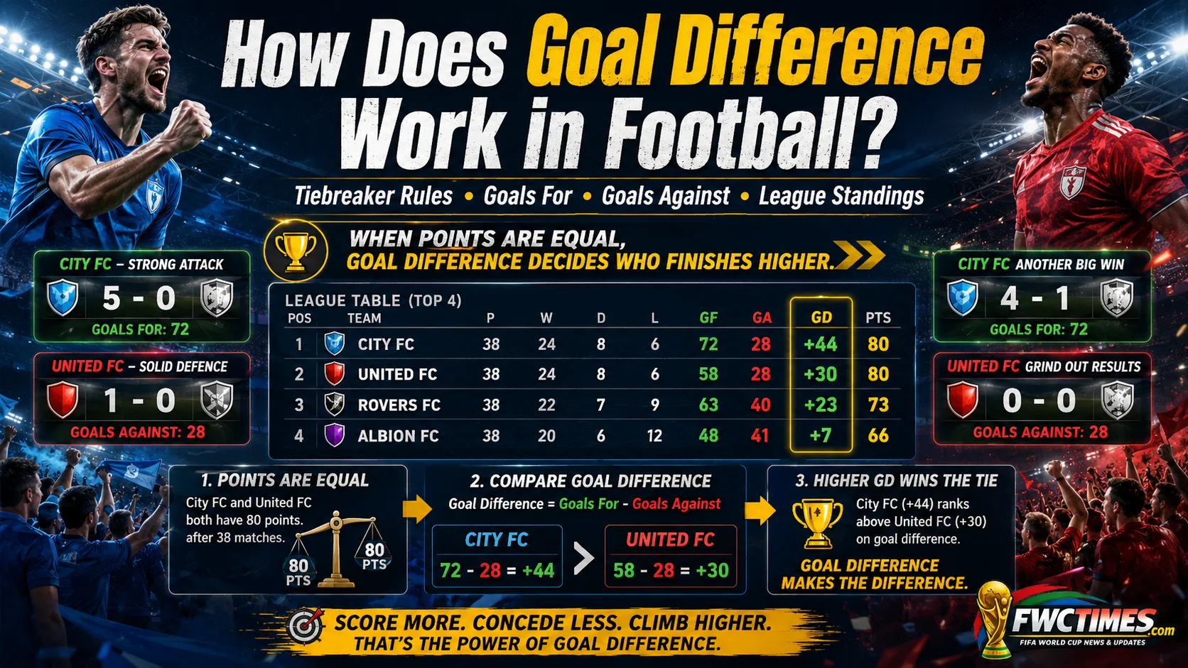Understand how goal difference works in football, including tiebreaker rules, goals for, goals against, and league standings.