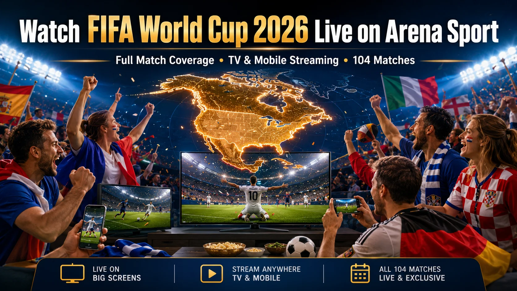Watch FIFA World Cup 2026 live on Arena Sport with TV and mobile streaming, match coverage, and football excitement.