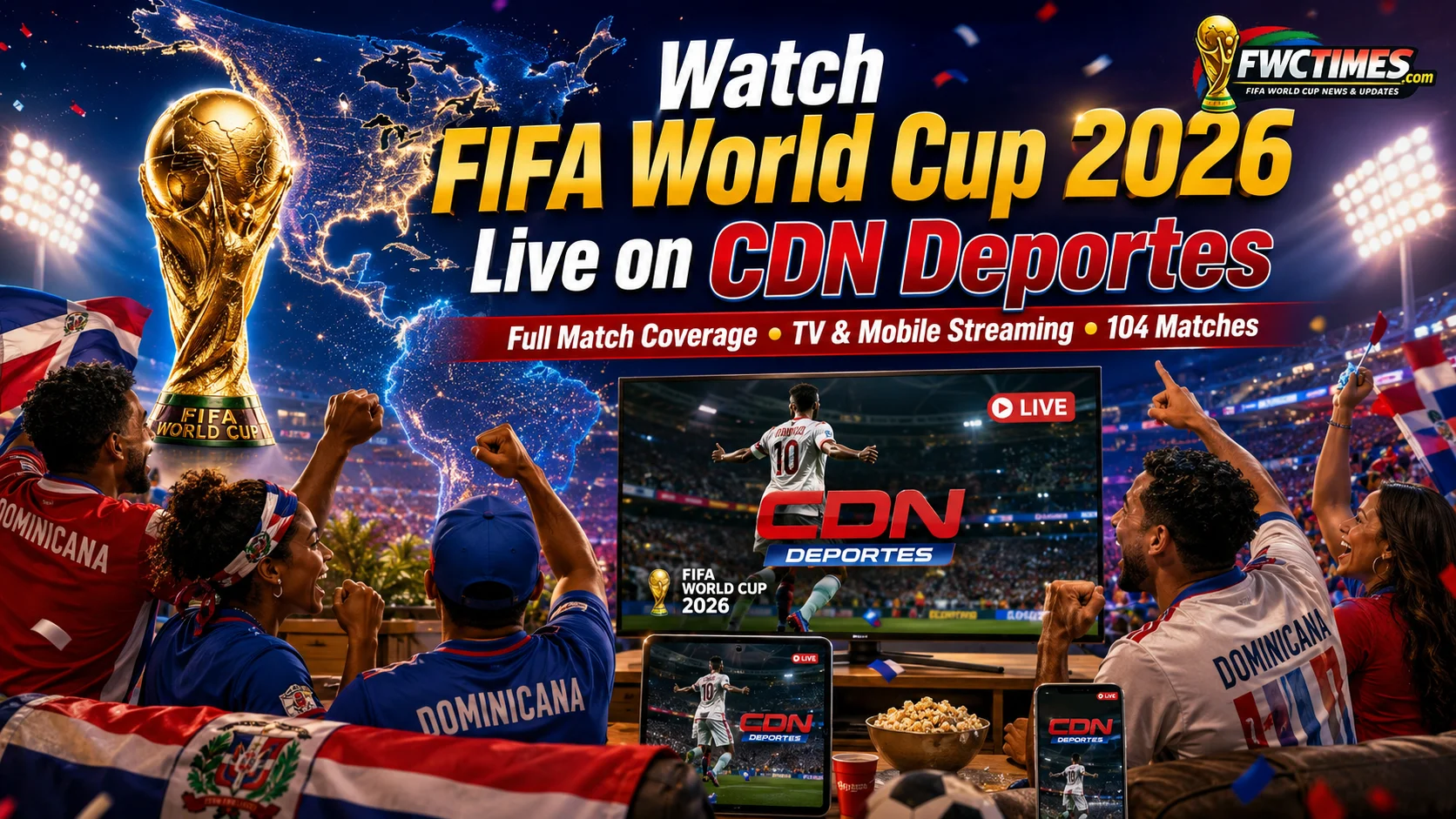 Watch FIFA World Cup 2026 live on CDN Deportes with Dominican fans, TV broadcasts, mobile streaming, and 104 matches.
