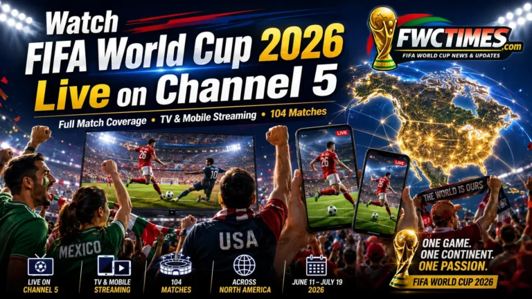 Watch FIFA World Cup 2026 live on Channel 5 with TV broadcasts, mobile streaming, cheering fans, and match coverage.