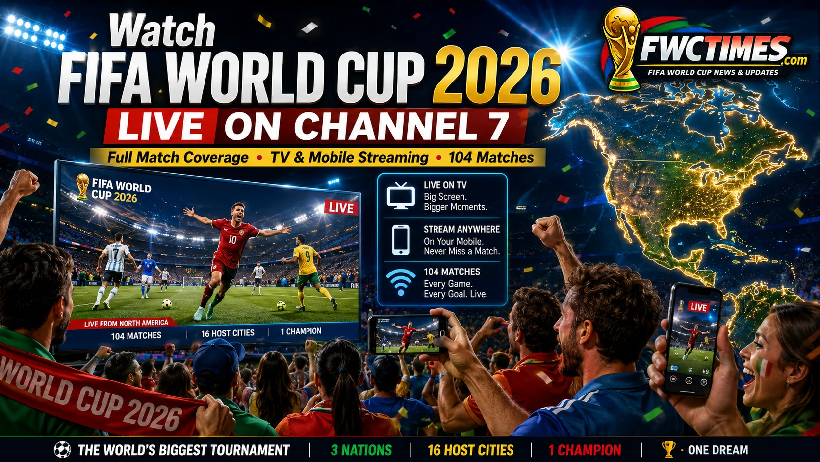 Watch FIFA World Cup 2026 live on Channel 7 with TV coverage, mobile streaming, cheering fans, and 104 matches.