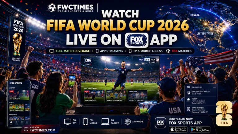 Cinematic FIFA World Cup 2026 poster showing fans streaming matches on the FOX Sports App using phones, tablets, and TVs with FWCTIMES logo.