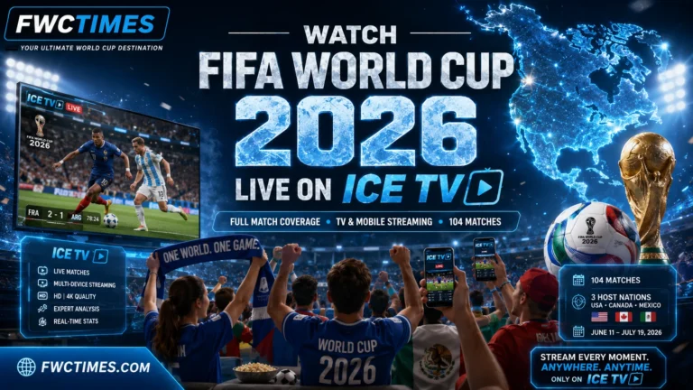 Cinematic FIFA World Cup 2026 Ice TV poster with football fans watching live matches on TV and smartphones, blue streaming graphics, and FWCTIMES logo.