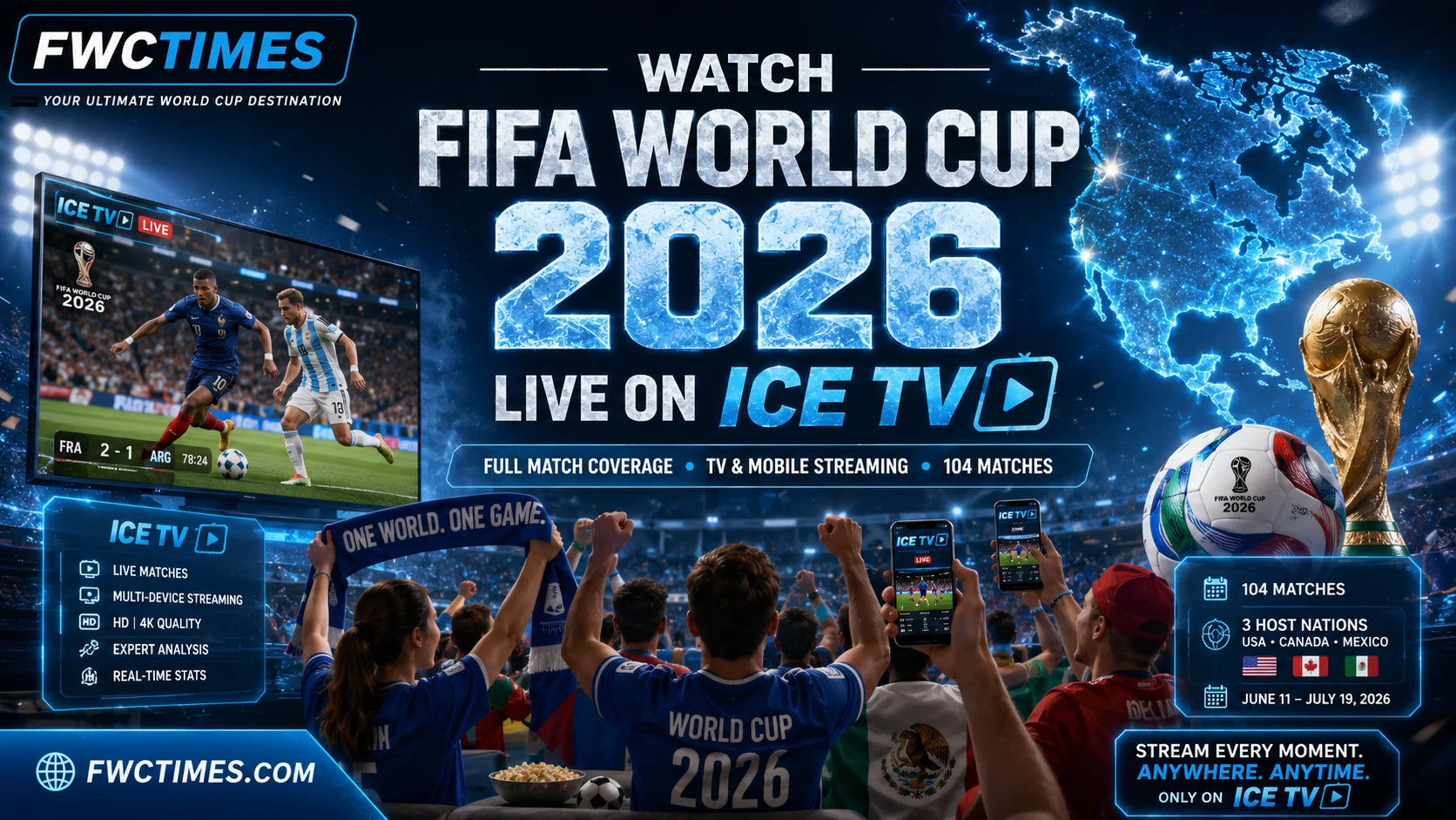 Cinematic FIFA World Cup 2026 Ice TV poster with football fans watching live matches on TV and smartphones, blue streaming graphics, and FWCTIMES logo.