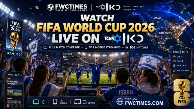 Cinematic FIFA World Cup 2026 KAN poster with Israeli football fans watching live matches on TV and mobile devices with FWCTIMES logo.