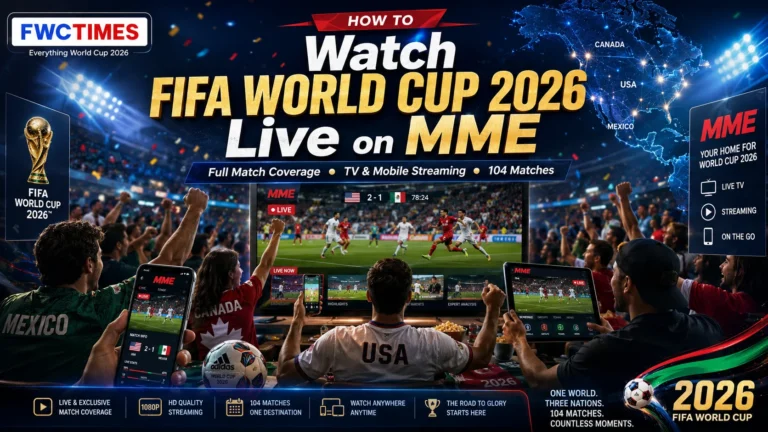 Promotional FIFA World Cup 2026 poster showing fans watching live matches on MME with TV screens, mobile streaming graphics, and FWCTIMES logo.