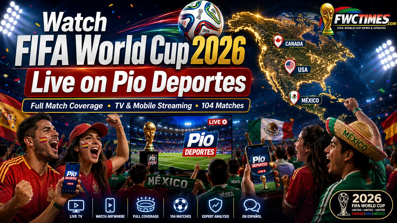 Watch FIFA World Cup 2026 live on Pio Deportes with football fans, streaming screens, TV coverage, and match updates.