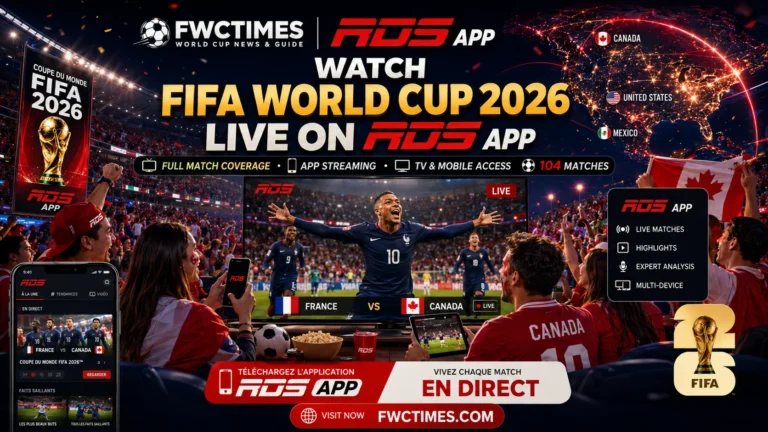 Cinematic FIFA World Cup 2026 RDS App poster with Canadian fans streaming matches on phones, tablets, and TVs with FWCTIMES logo.