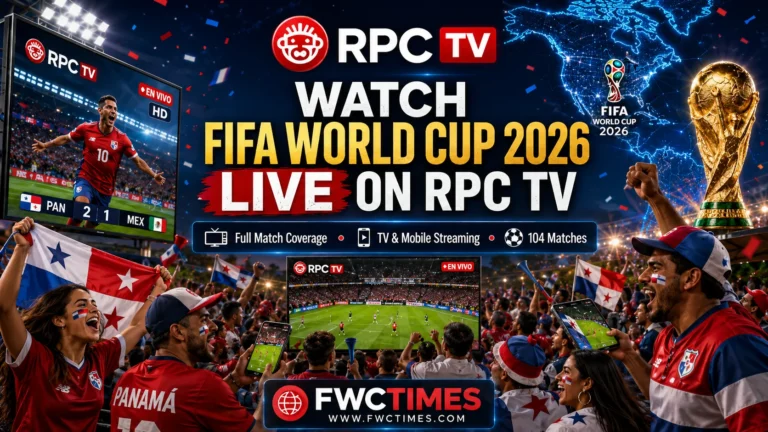 Cinematic FIFA World Cup 2026 RPC TV poster with Panamanian fans watching live matches on TV and smartphones with FWCTIMES logo.