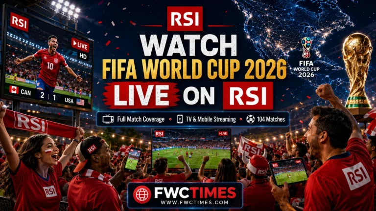 Cinematic FIFA World Cup 2026 RSI poster showing football fans watching live matches on TV and smartphones with streaming graphics and FWCTIMES logo.