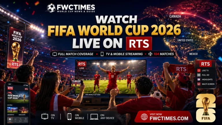 Promotional FIFA World Cup 2026 RTS poster showing fans watching live football on TV screens and smartphones with FWCTIMES logo.