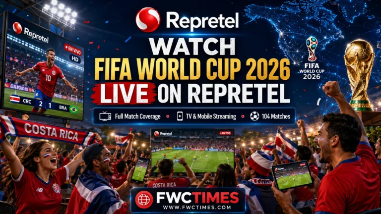 Cinematic FIFA World Cup 2026 Repretel poster with Costa Rican fans watching live matches on TV and mobile devices with FWCTIMES logo.