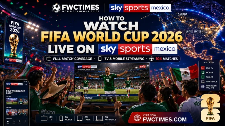 Cinematic FIFA World Cup 2026 Sky Sports Mexico poster showing Mexican fans watching live football on TV and mobile with FWCTIMES logo.