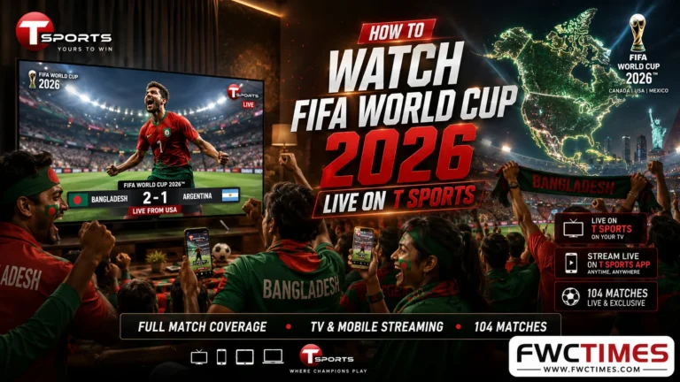 Cinematic FIFA World Cup 2026 poster with Bangladeshi fans watching live matches on T Sports, red and green colors, streaming graphics, and FWCTIMES logo.