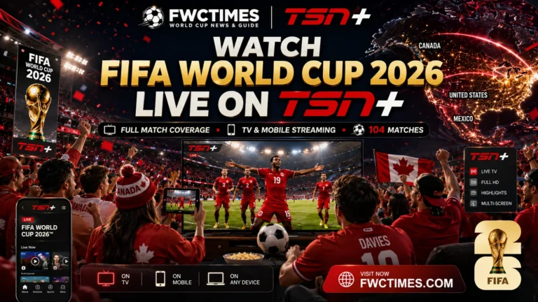 Cinematic FIFA World Cup 2026 TSN+ poster showing Canadian fans watching live matches on TV and mobile devices with FWCTIMES logo.
