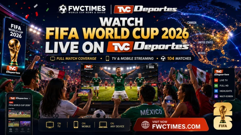 Cinematic FIFA World Cup 2026 poster with Mexican fans watching live matches on TVC Deportes, national colors, streaming graphics, and FWCTIMES logo.