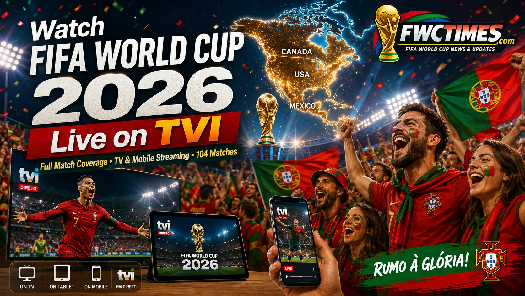 Portuguese fans watch FIFA World Cup 2026 live on TVI with TV coverage, mobile streaming, and full match action.