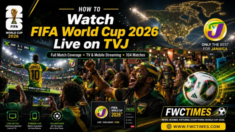 Cinematic poster showing Jamaican football fans watching FIFA World Cup 2026 live on TVJ with national colors, streaming graphics, and FWCTIMES logo.