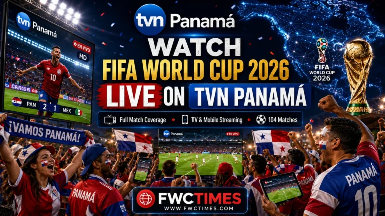 Cinematic FIFA World Cup 2026 TVN Panamá poster with Panamanian fans watching live football on TV and mobile devices with FWCTIMES logo.