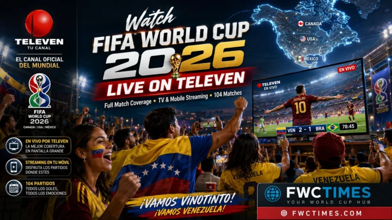 Cinematic FIFA World Cup 2026 poster with Venezuelan fans watching live matches on Televen, national colors, streaming graphics, and FWCTIMES logo.