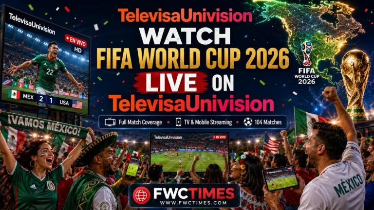 Cinematic FIFA World Cup 2026 TelevisaUnivision poster with Spanish-speaking football fans watching live matches on TV and smartphones with FWCTIMES logo.